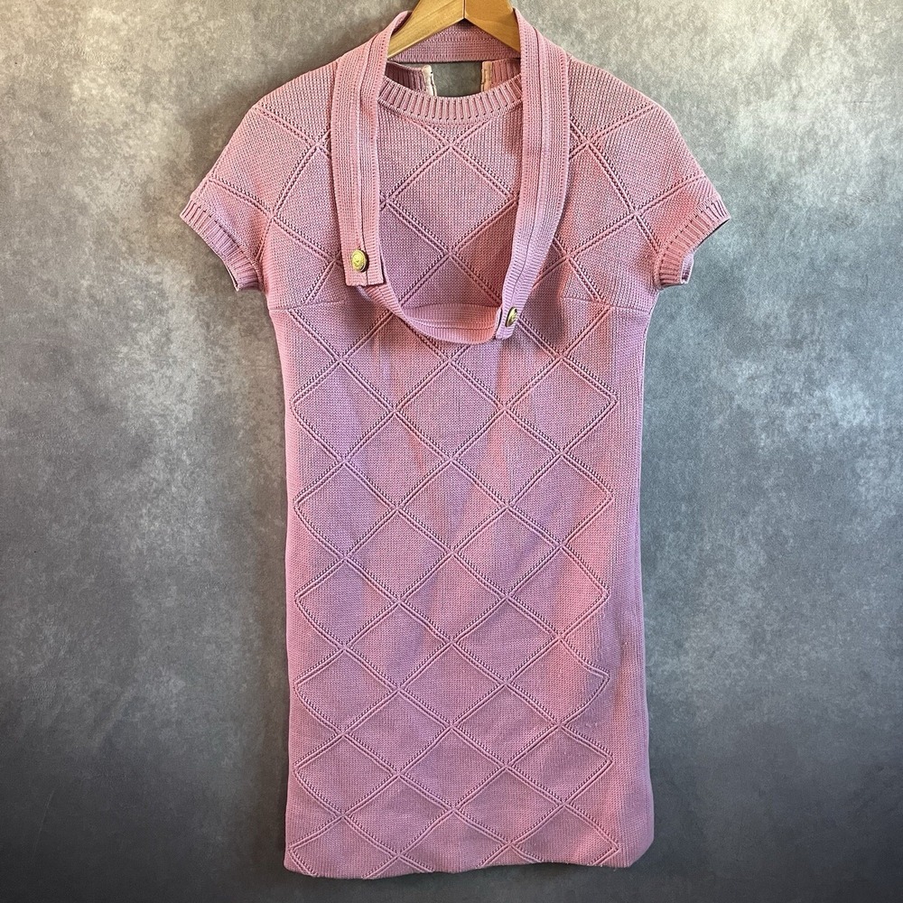 Lisa Knit Dress Women 8 Pink Pure Wool Made in Italy Diamond Pattern Vintage